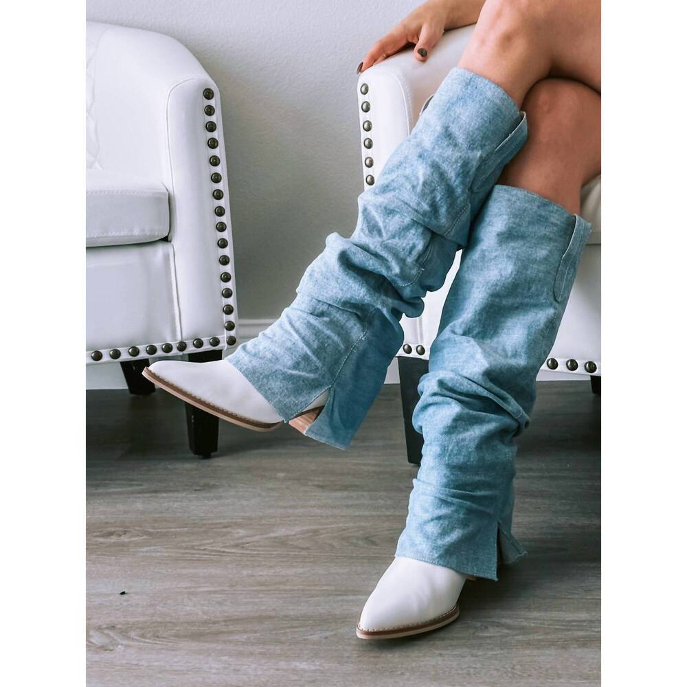 Slouchy Light Blue Suede Heeled Boots - Women's Fashion